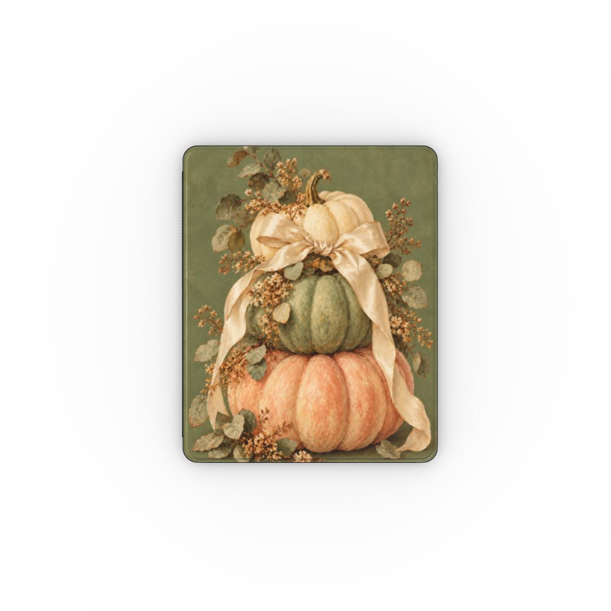 Sage Pumpkin Stack iPad case — stacked white, sage and peach pumpkins with a cream satin bow