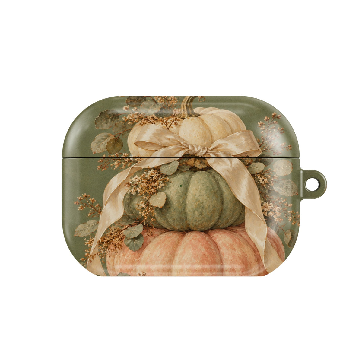 Sage Pumpkin Stack AirPods case — stacked white, sage and peach pumpkins with a cream satin bow, closed front view