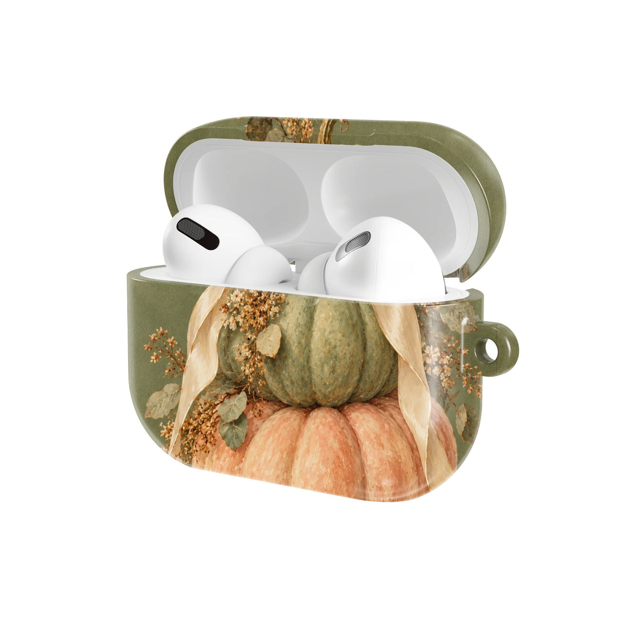 Sage Pumpkin Stack AirPods case — open angled view