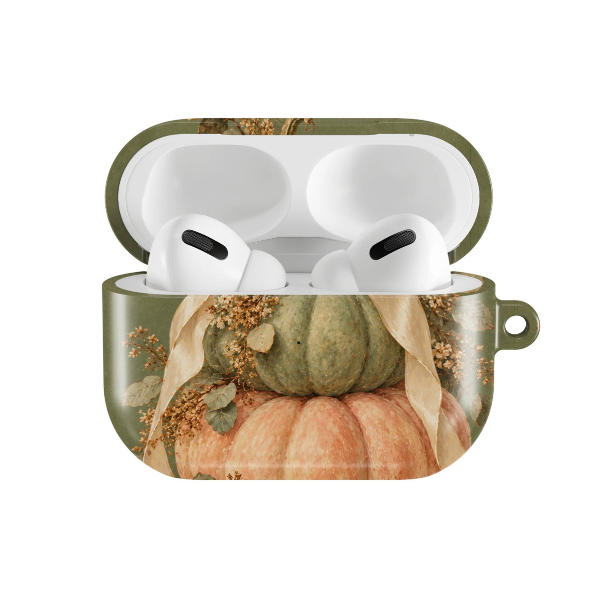 Sage Pumpkin Stack AirPods case — open front view