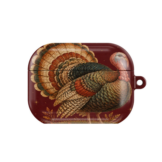 Vintage Turkey AirPods case — ornate Victorian-postcard turkey on deep burgundy, closed front view