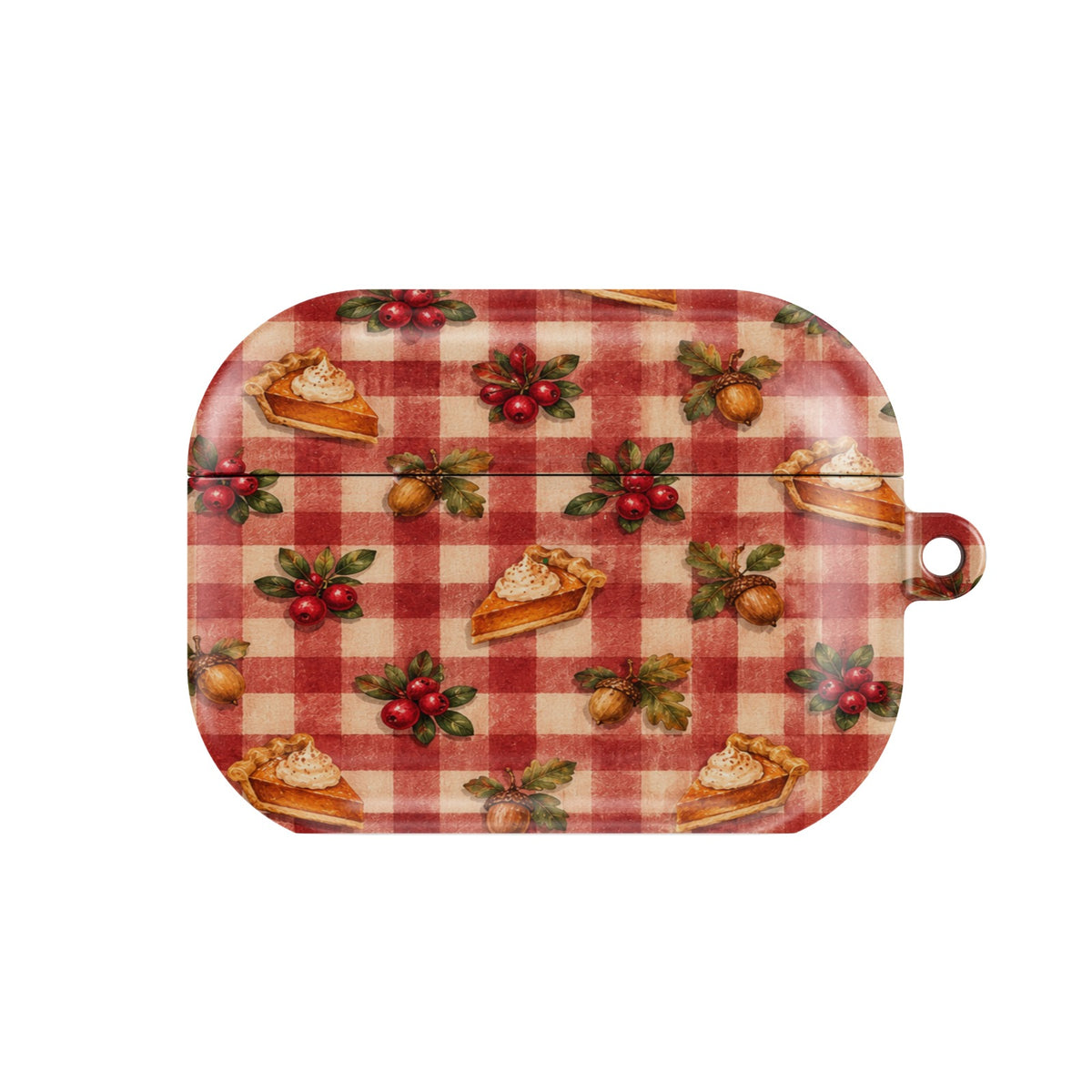 Cranberry Gingham AirPods case — cranberry sprigs, acorns and pie slices on red gingham, closed front view
