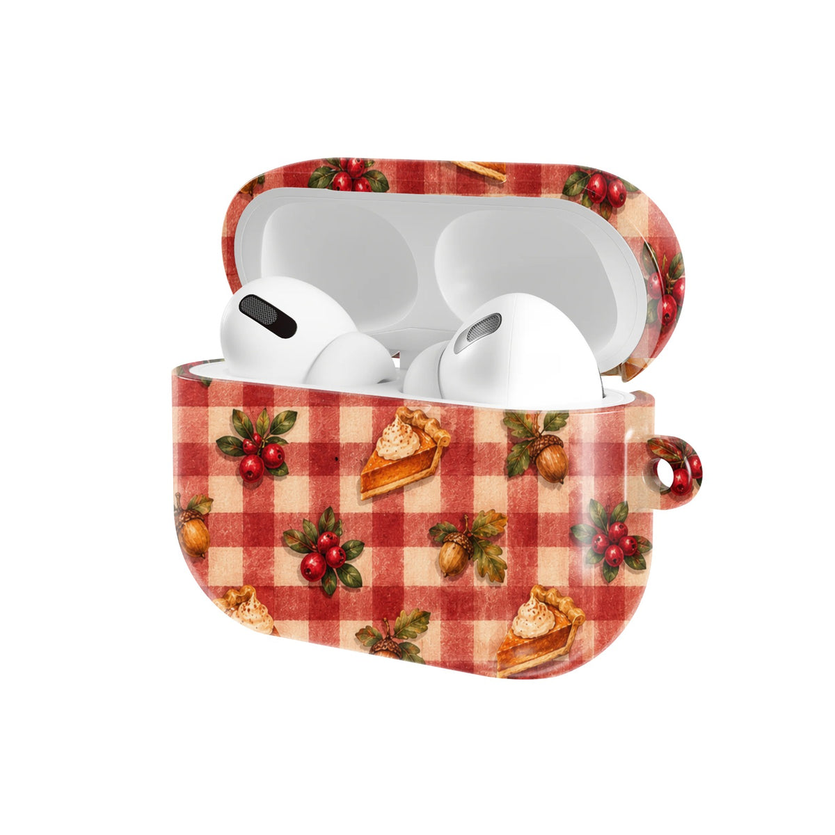 Cranberry Gingham AirPods case — open angled view