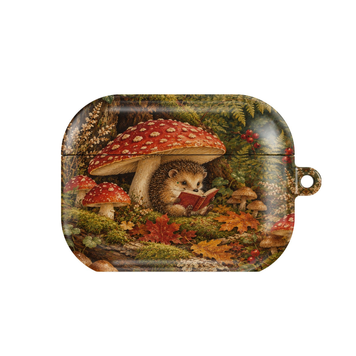 Mushroom Forest AirPods case — hedgehog reading under red mushrooms on a mossy forest floor, closed front view