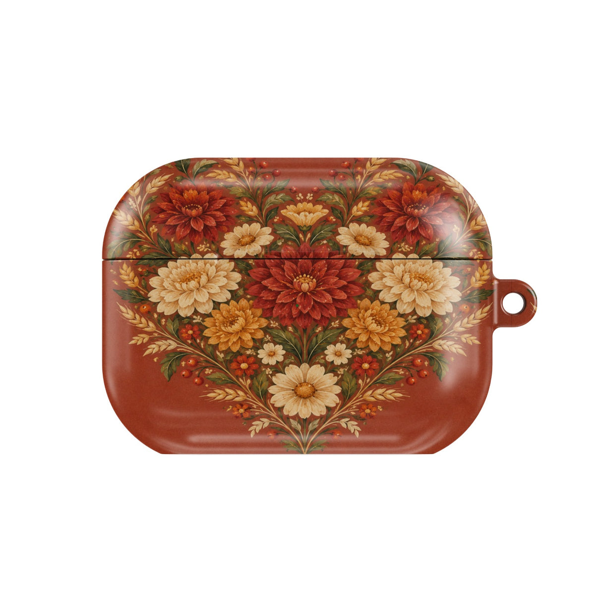 Grateful Hearts AirPods case — folk-art heart of dahlias, mums and wheat on terracotta, closed front view
