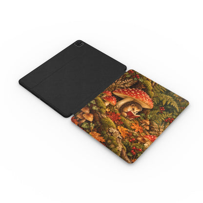 Mushroom Forest iPad case opened flat — printed front cover with plain black interior