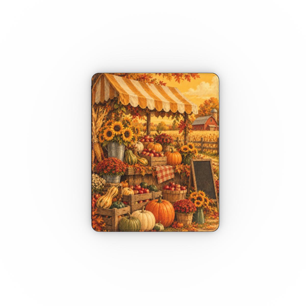 Harvest Market iPad case — vintage farmers market stall with pumpkins and sunflowers