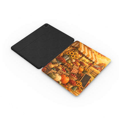 Harvest Market iPad case opened flat — printed front cover with plain black interior