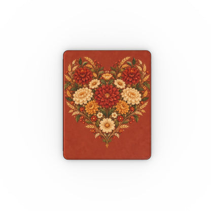 Grateful Hearts iPad case — folk-art heart of dahlias, mums and wheat on terracotta