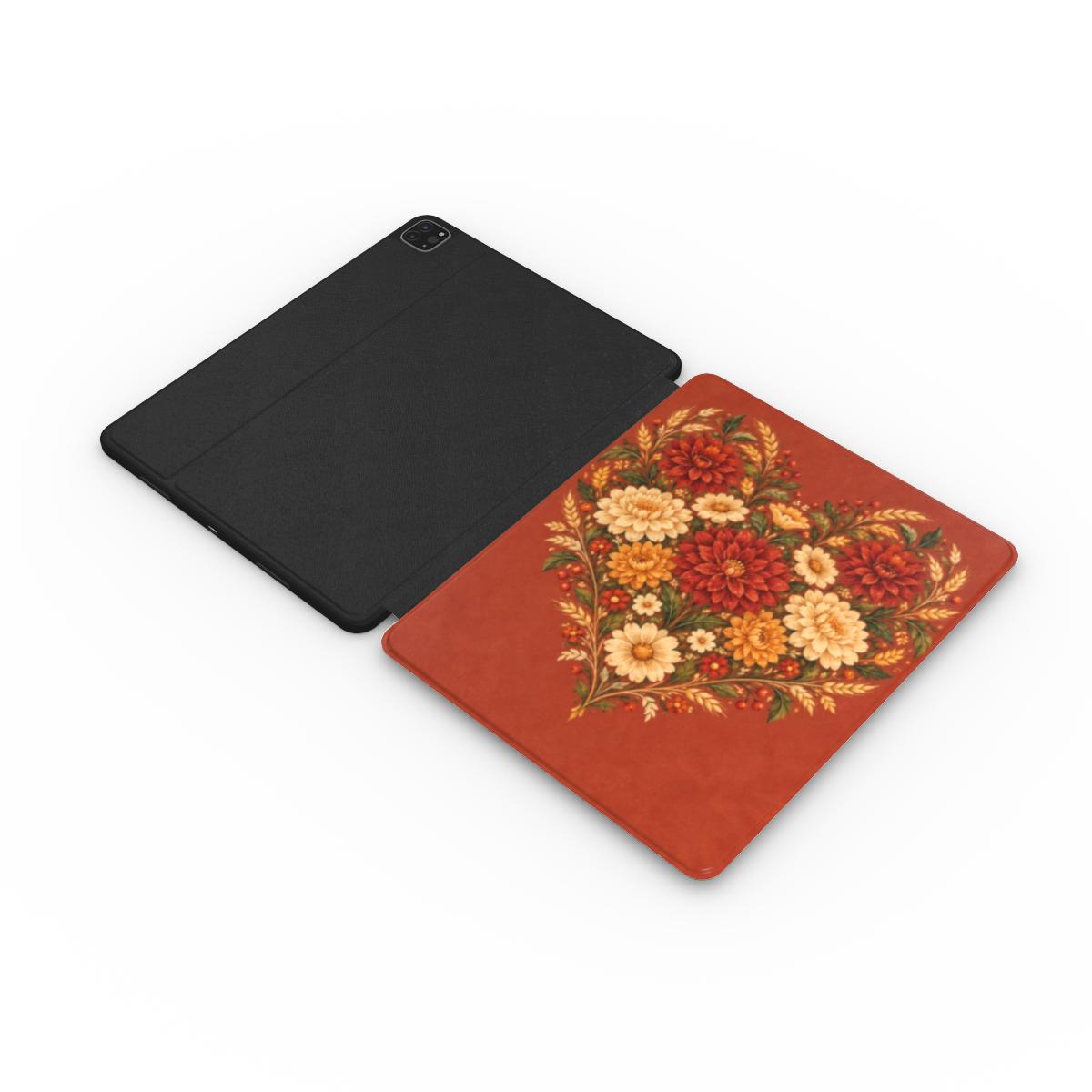 Grateful Hearts iPad case opened flat — printed front cover with plain black interior