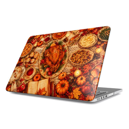 Thanksgiving Table MacBook case — top-down Thanksgiving feast with turkey, pie and candles, hard-shell laptop cover, angled lid view