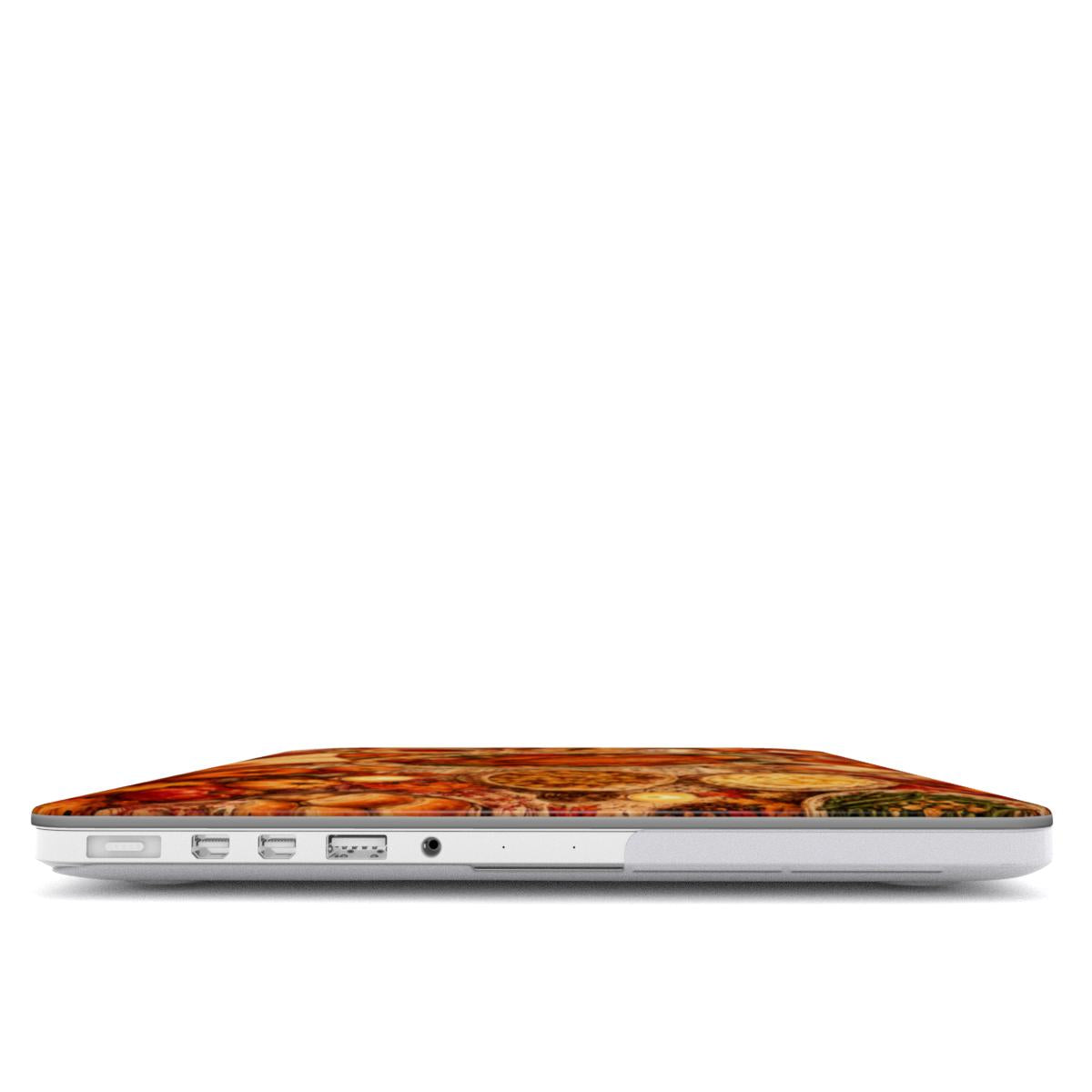 Thanksgiving Table MacBook case — hard-shell laptop cover, side view with ports