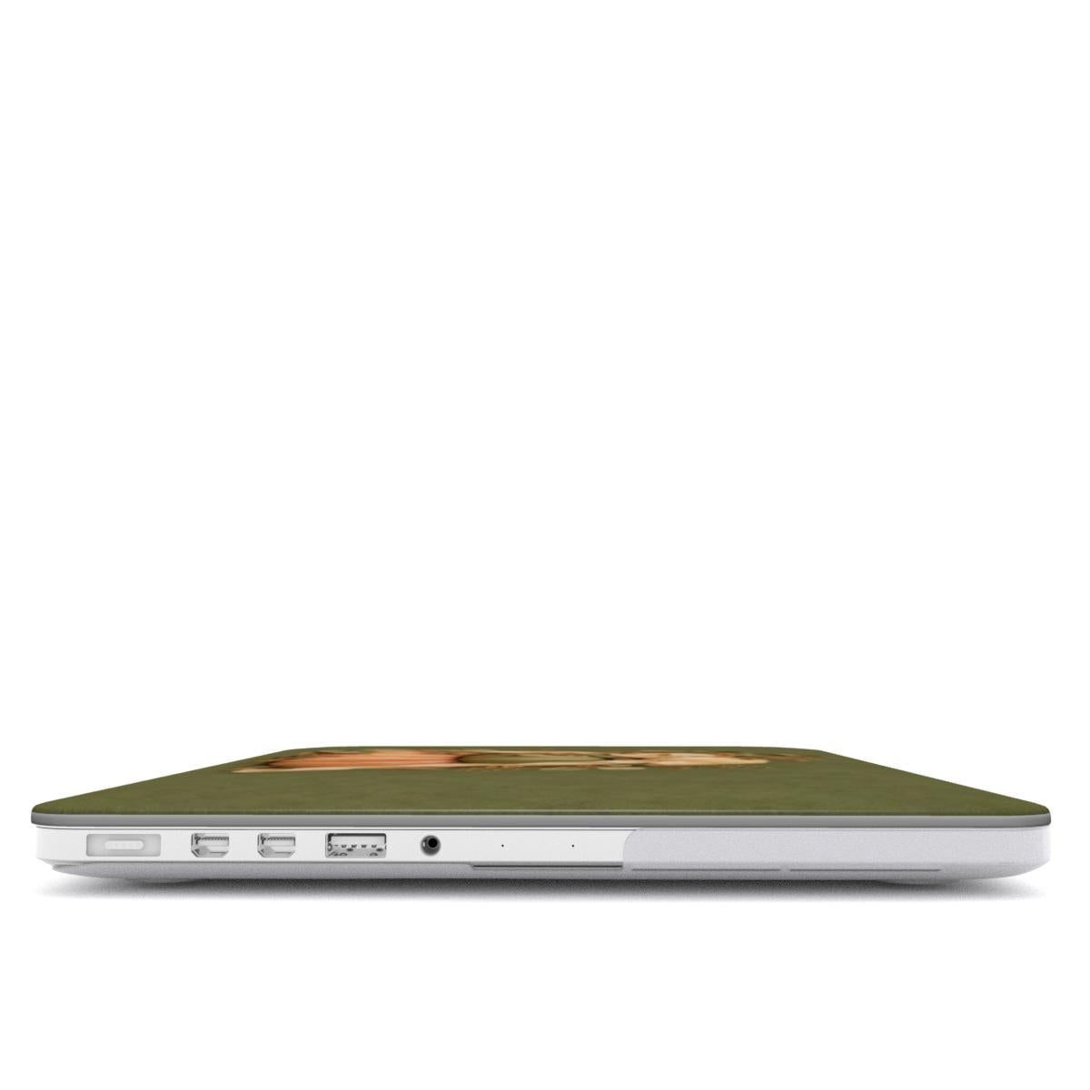 Sage Pumpkin Stack MacBook case — hard-shell laptop cover, side view with ports