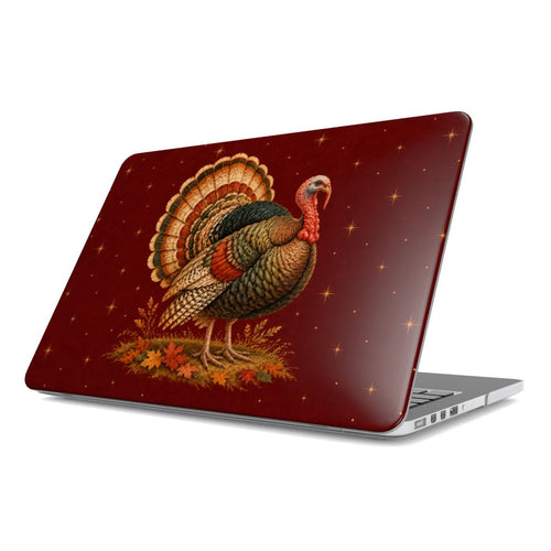 Vintage Turkey MacBook case — ornate Victorian-postcard turkey on deep burgundy, hard-shell laptop cover, angled lid view