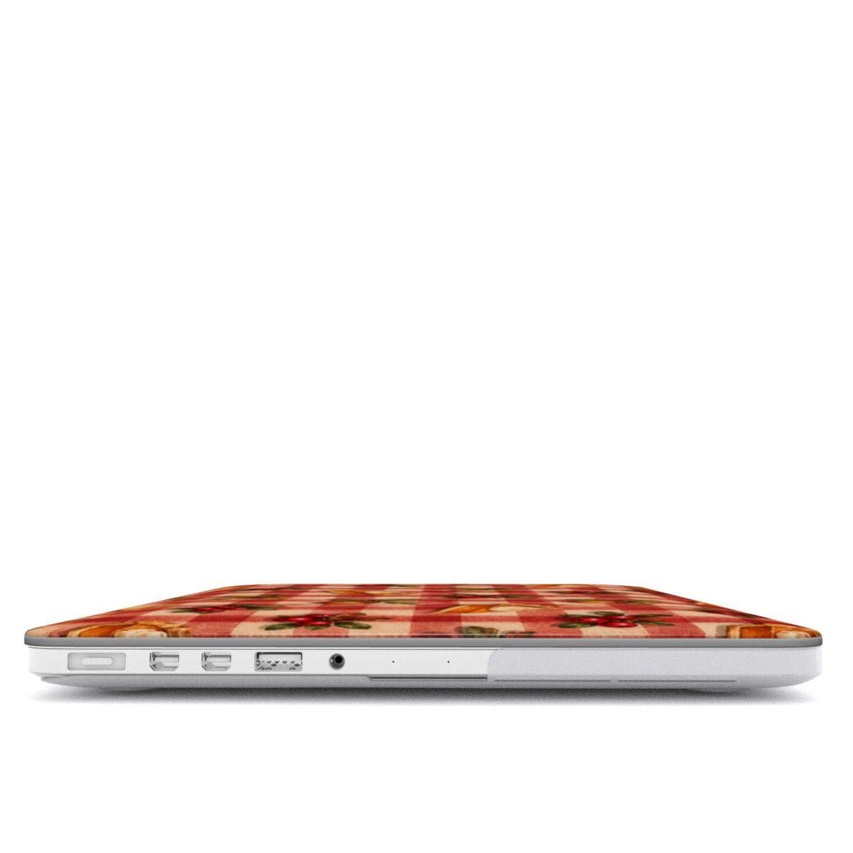 Cranberry Gingham MacBook case — hard-shell laptop cover, side view with ports