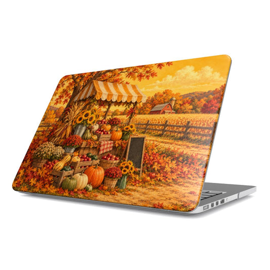 Harvest Market MacBook case — vintage farmers market stall with pumpkins and sunflowers, hard-shell laptop cover, angled lid view