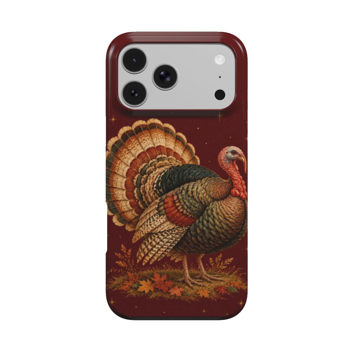 Vintage Turkey phone case — ornate Victorian-postcard turkey on deep burgundy, MagSafe iPhone case, front view