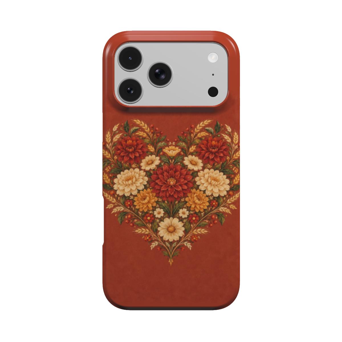 Grateful Hearts phone case — folk-art heart of dahlias, mums and wheat on terracotta, MagSafe iPhone case, front view