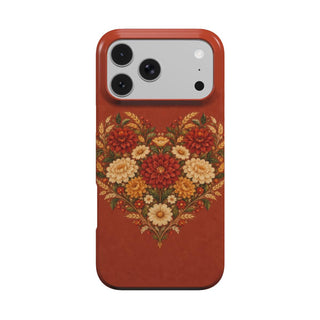 Grateful Hearts phone case — folk-art heart of dahlias, mums and wheat on terracotta, MagSafe iPhone case, front view