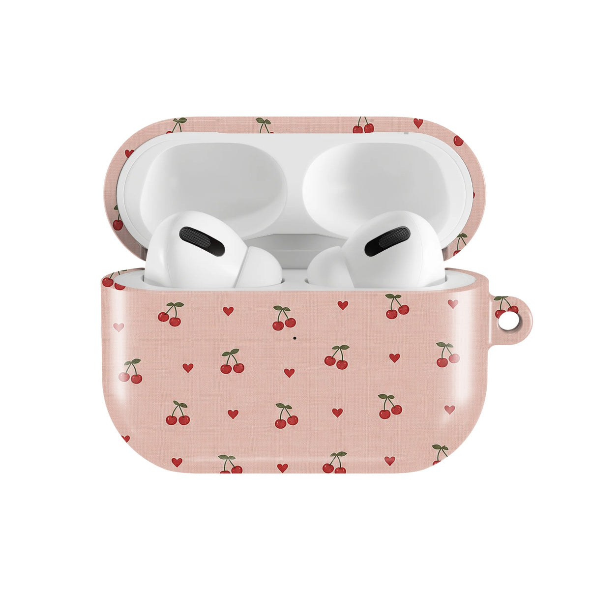 Cherries & Hearts AirPods case — open front view