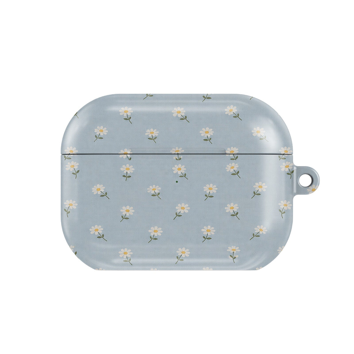 Ditsy Daisy Blue AirPods case — tiny white daisies on powder blue, closed front view