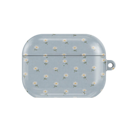 Ditsy Daisy Blue AirPods case — tiny white daisies on powder blue, closed front view