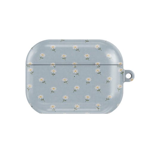 Ditsy Daisy Blue AirPods case — tiny white daisies on powder blue, closed front view