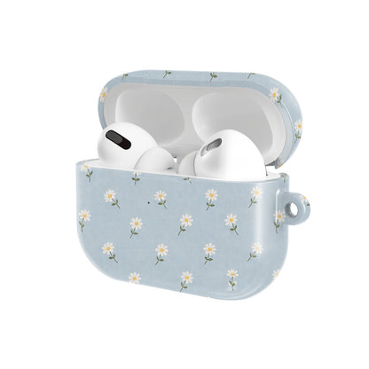 Ditsy Daisy Blue AirPods case — open angled view