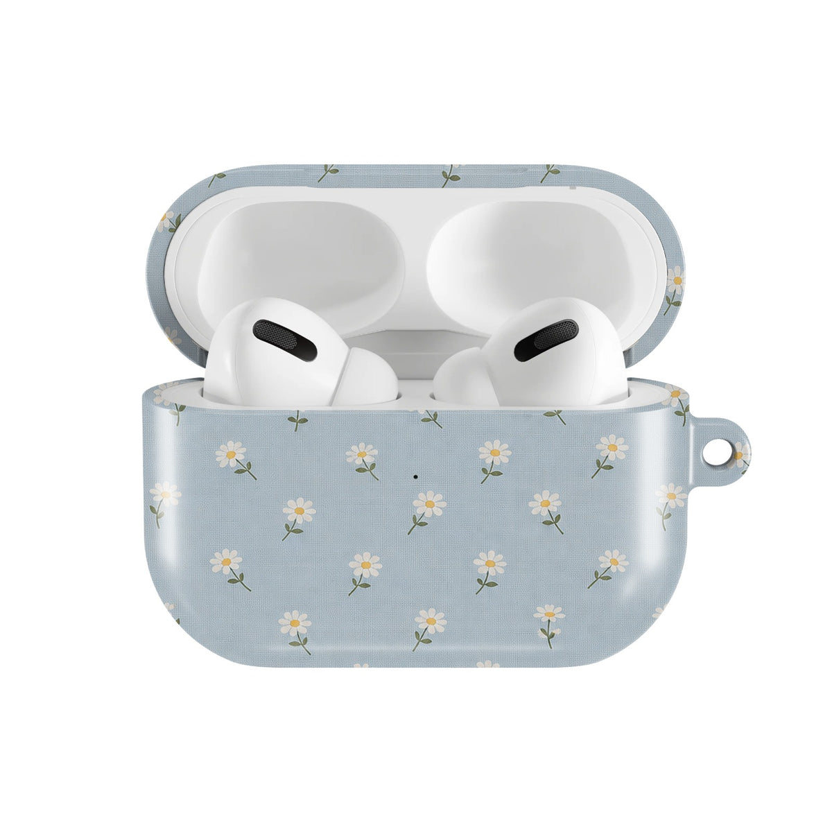 Ditsy Daisy Blue AirPods case — open front view