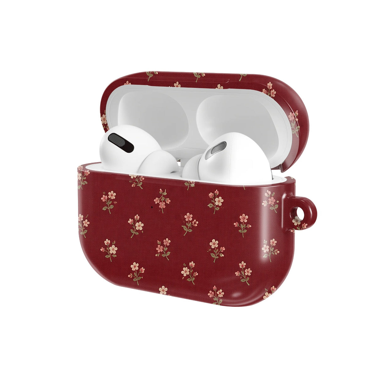 Burgundy Ditsy Floral AirPods case — open angled view