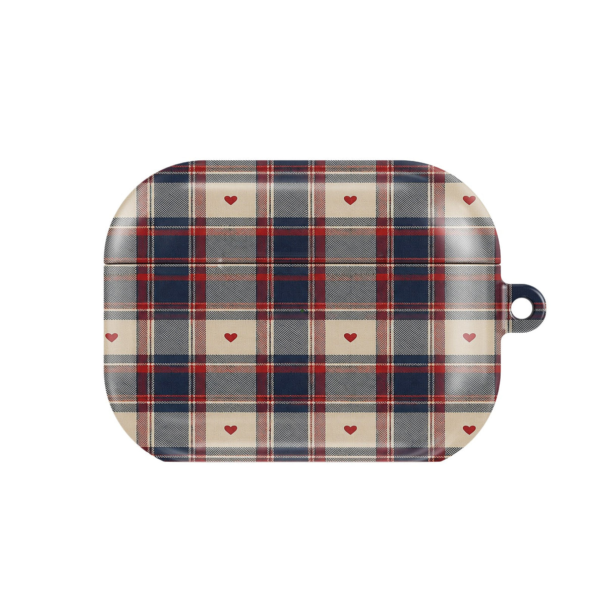 Heart Plaid AirPods case — navy, red and cream plaid with tiny hearts, closed front view