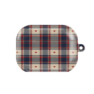 Heart Plaid AirPods case — navy, red and cream plaid with tiny hearts, closed front view