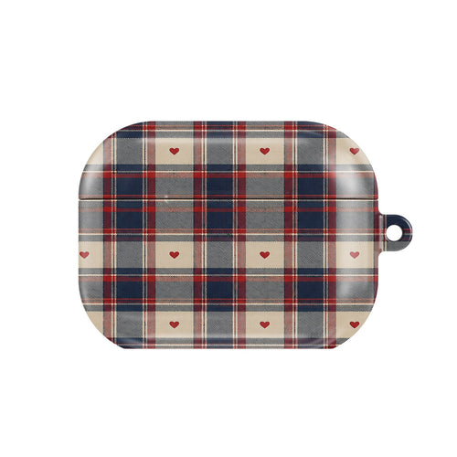 Heart Plaid AirPods case — navy, red and cream plaid with tiny hearts, closed front view