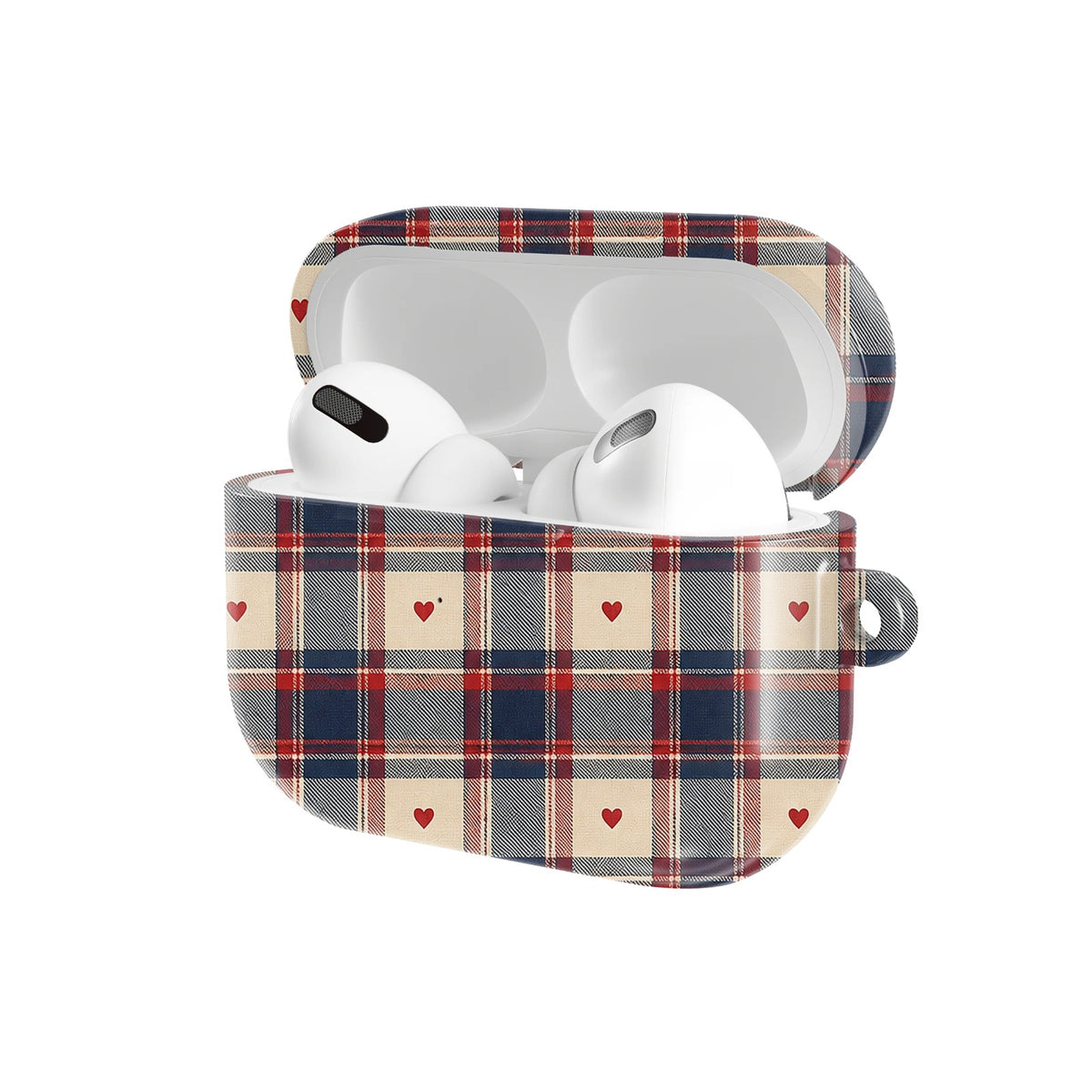 Heart Plaid AirPods case — open angled view