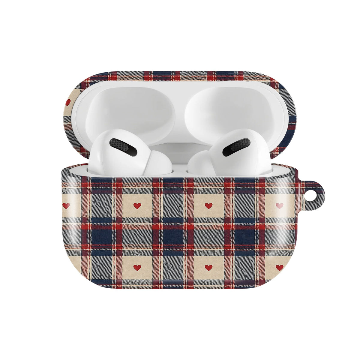 Heart Plaid AirPods case — open front view