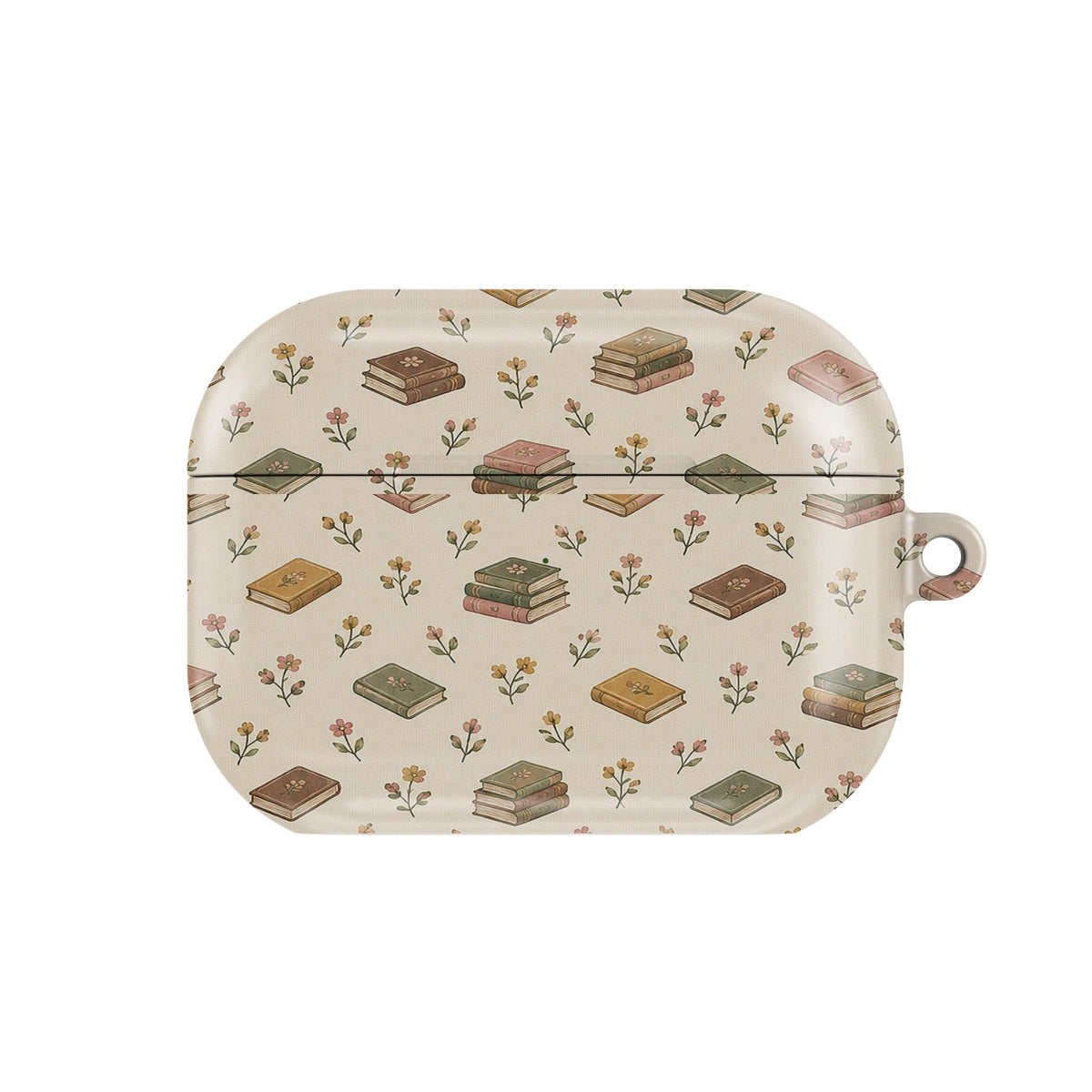 Tiny Books AirPods case — little stacks of vintage books and wildflowers on cream, closed front view