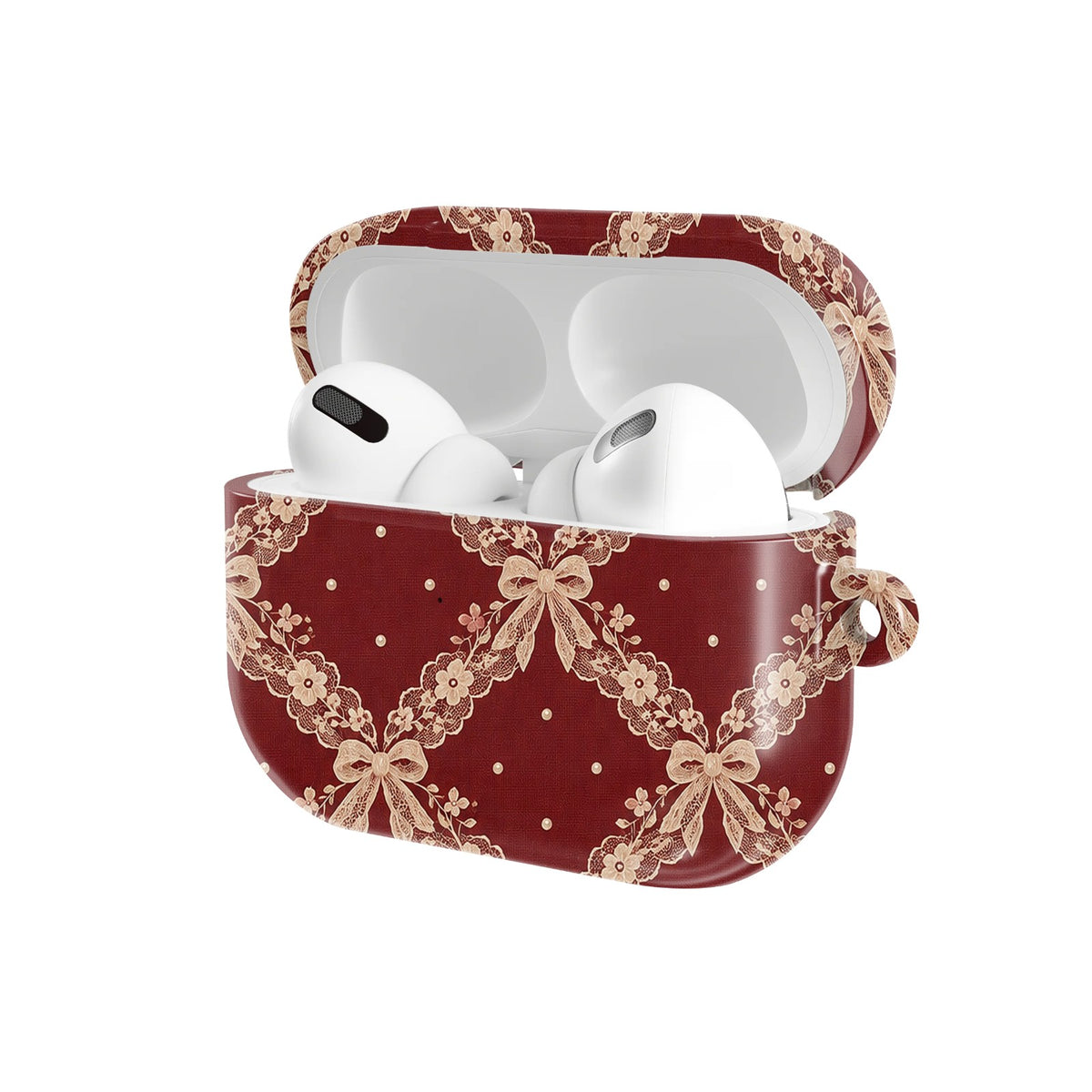 Burgundy Lace AirPods case — open angled view