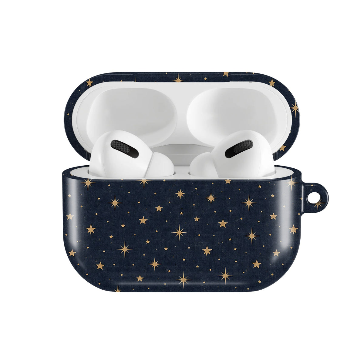 Gold Stars Navy AirPods case — open front view