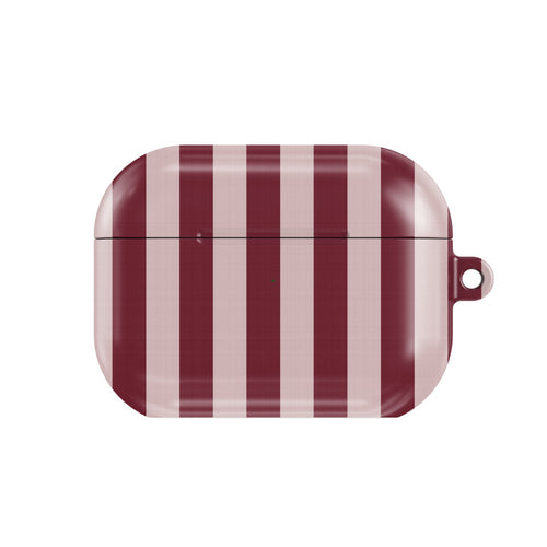 Burgundy Blush Stripe AirPods case — wide burgundy and blush pink stripes, closed front view