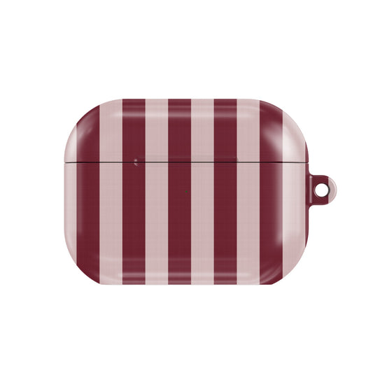 Burgundy Blush Stripe AirPods case — wide burgundy and blush pink stripes, closed front view