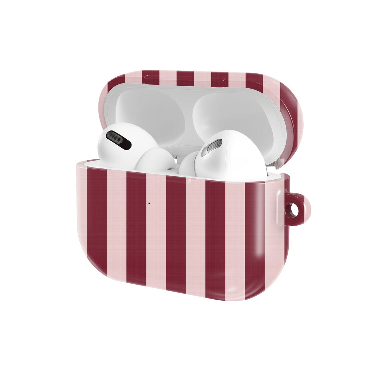 Burgundy Blush Stripe AirPods case — open angled view