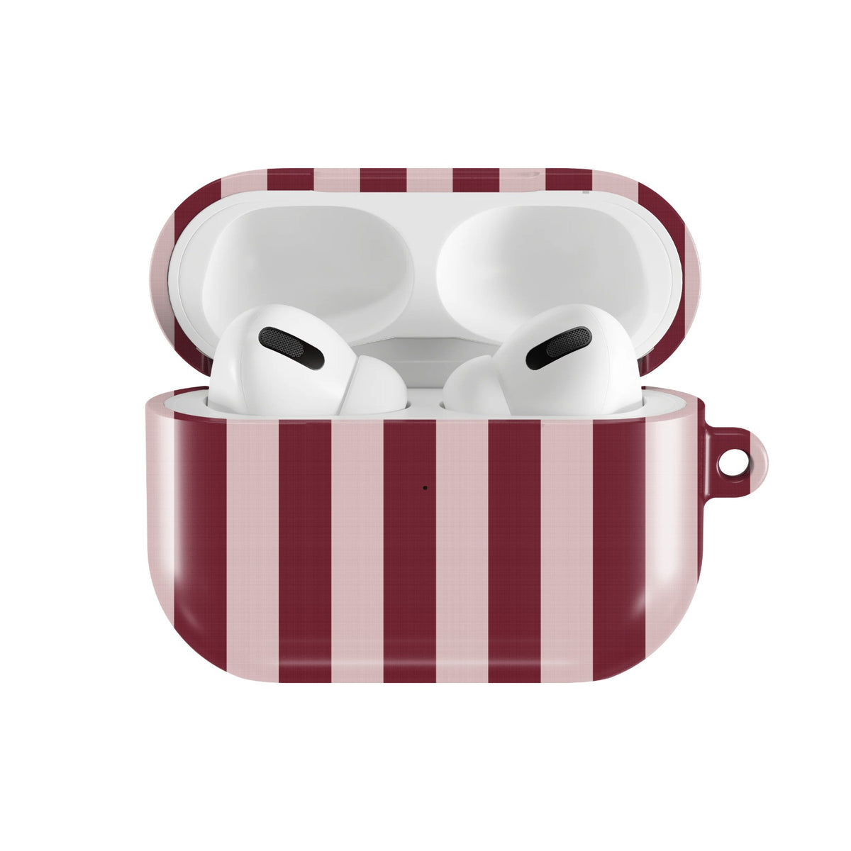 Burgundy Blush Stripe AirPods case — open front view