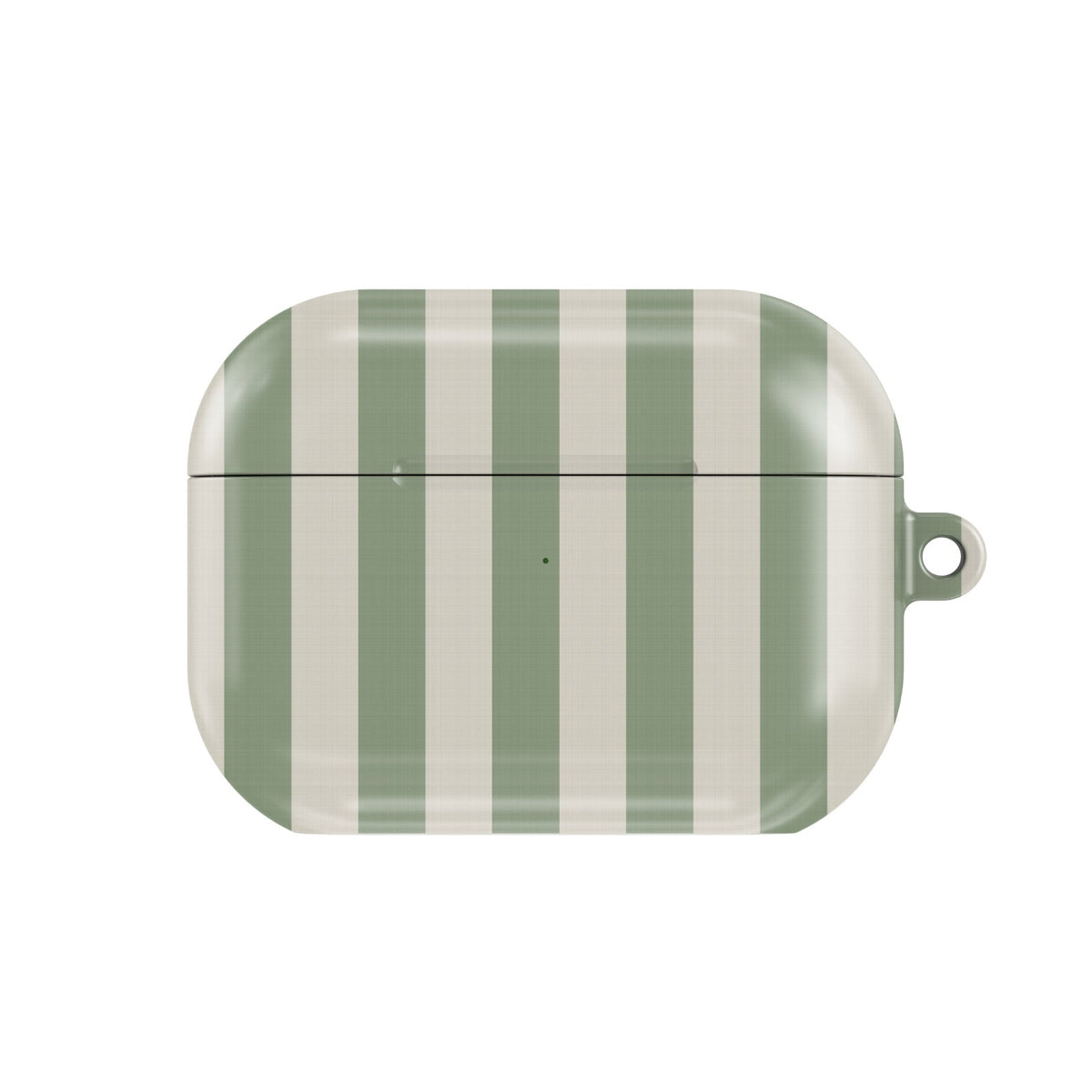 Sage Cream Stripe AirPods case — soft sage green and cream stripes, closed front view