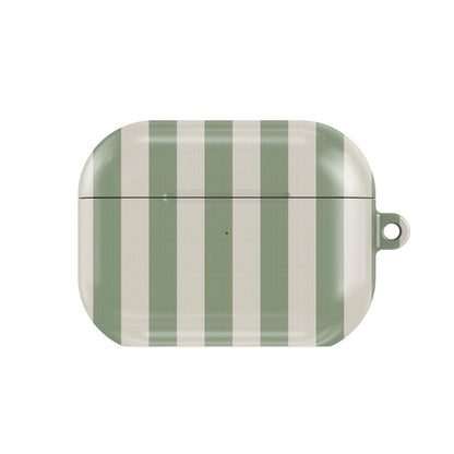 Sage Cream Stripe AirPods case — soft sage green and cream stripes, closed front view