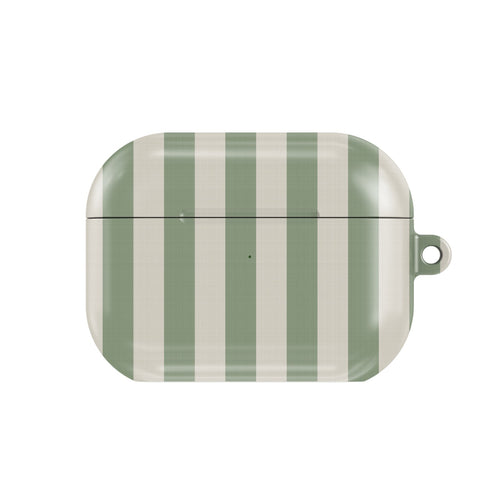 Sage Cream Stripe AirPods case — soft sage green and cream stripes, closed front view