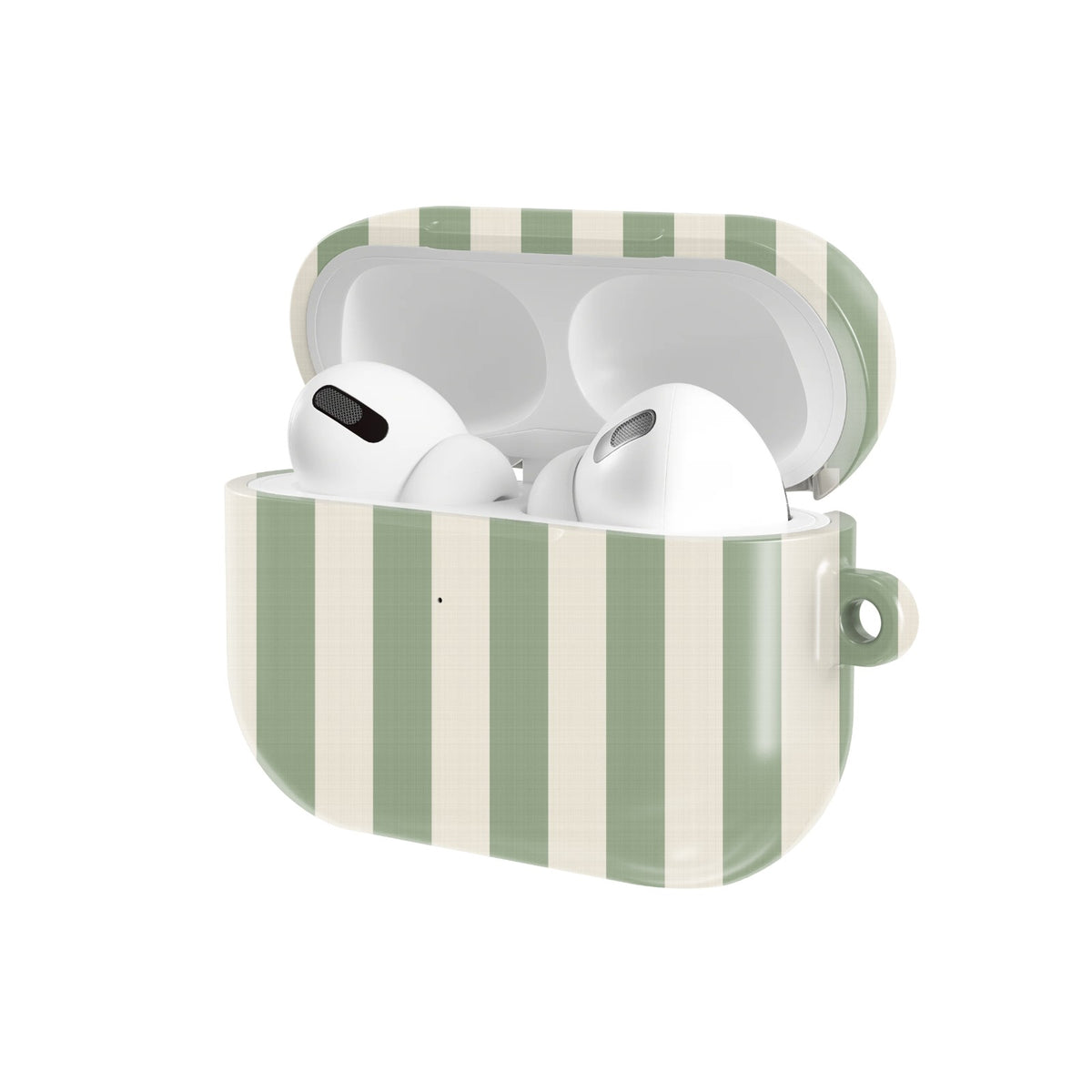 Sage Cream Stripe AirPods case — open angled view