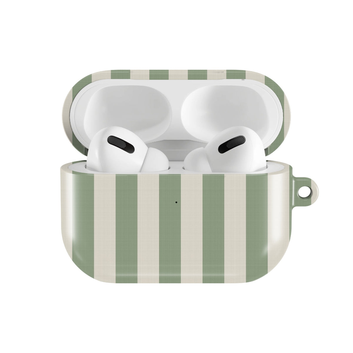 Sage Cream Stripe AirPods case — open front view