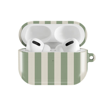 Sage Cream Stripe AirPods case — open front view