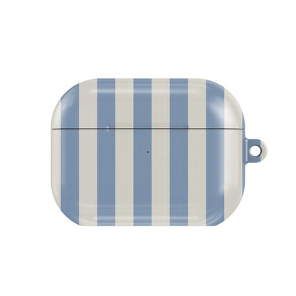 Dusty Blue Stripe AirPods case — dusty blue and cream stripes, closed front view