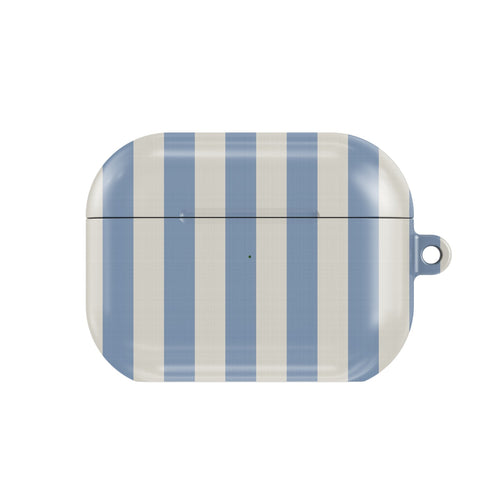 Dusty Blue Stripe AirPods case — dusty blue and cream stripes, closed front view